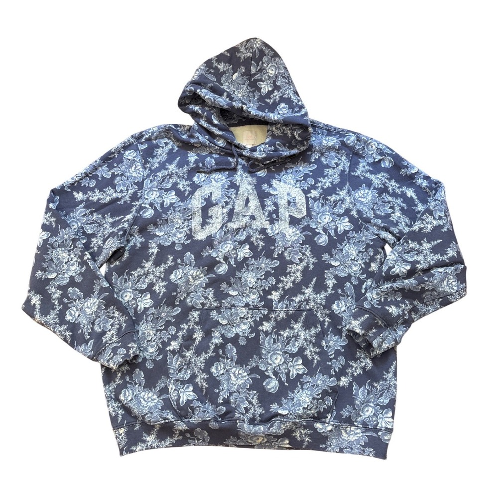 Gap x LoveShackFancy Hoodie Women Blue Floral Logo Pullover SIZE L